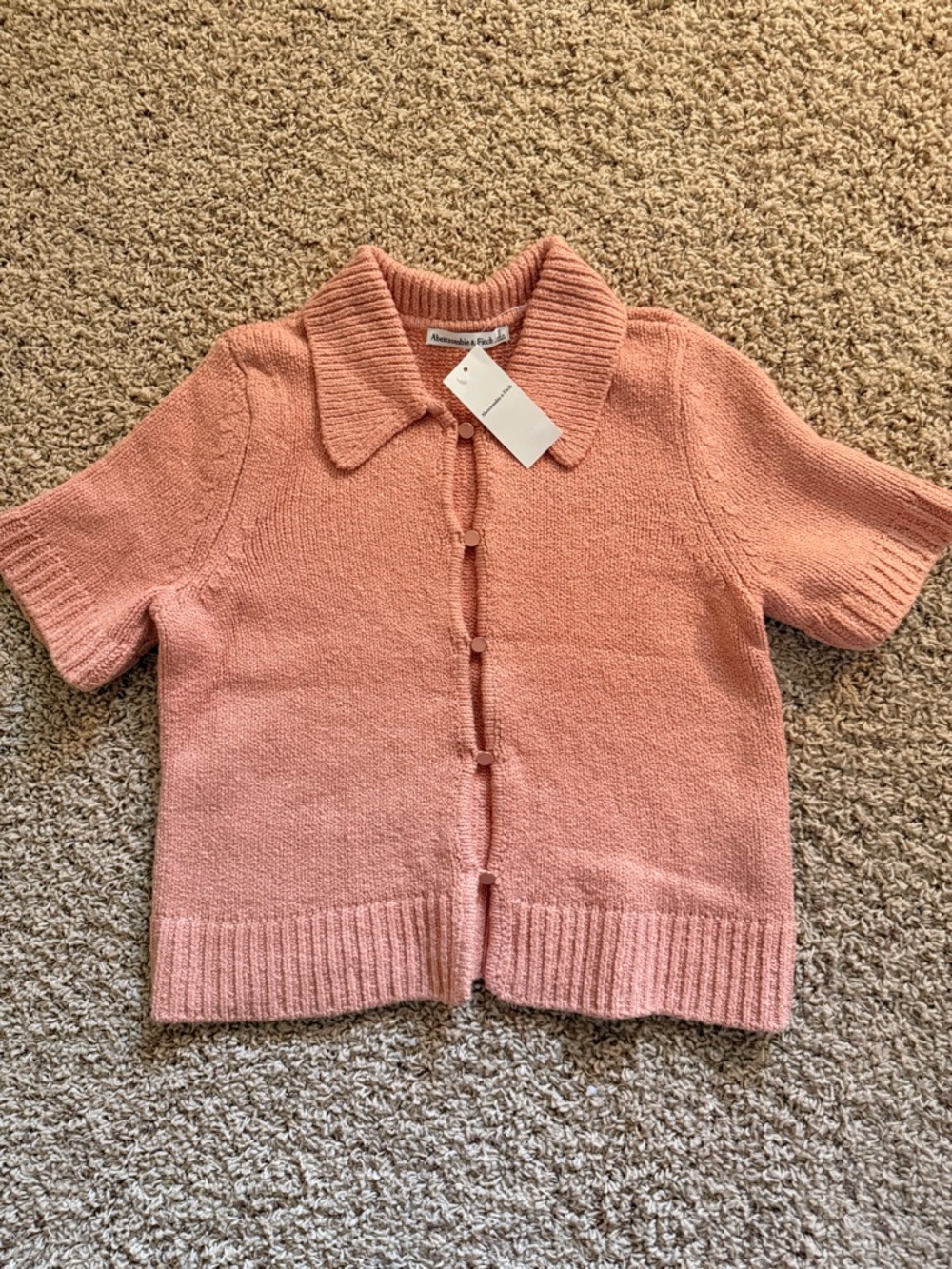 Abercrombie & Fitch Peach Short-Sleeve Knit Button Cardigan